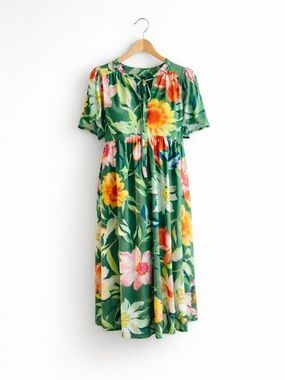 Umgee Floral Midi Dress Green Boho Cottagecore Flowy Short Sleeve Small